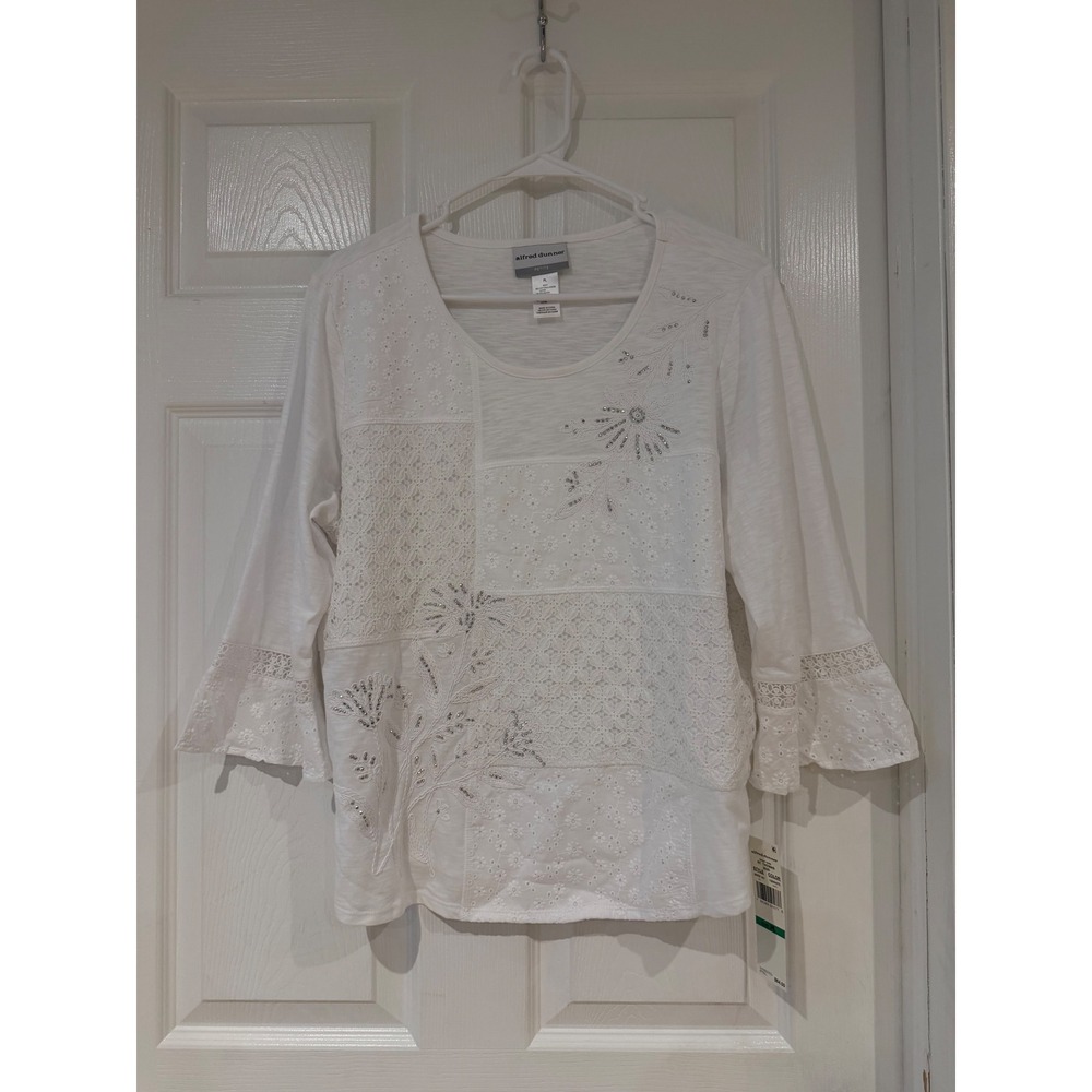 Alfred Dunner St Thomas White Patchwork Eyelet Embellished Top Petite Large NEW‎